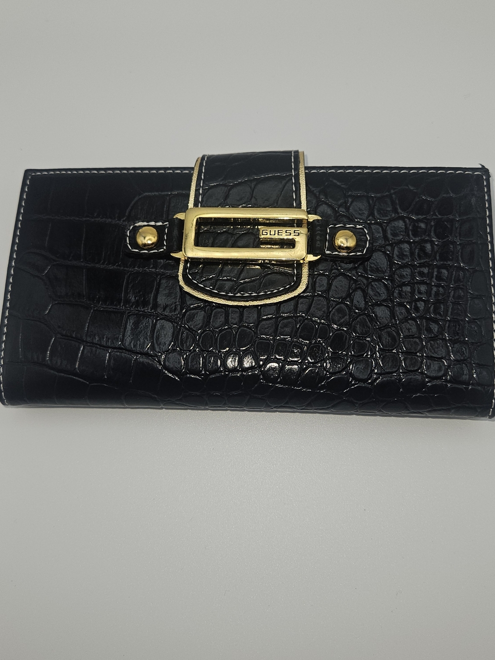 GUESS Black Croc-Embossed Wallet with Gold Buckle